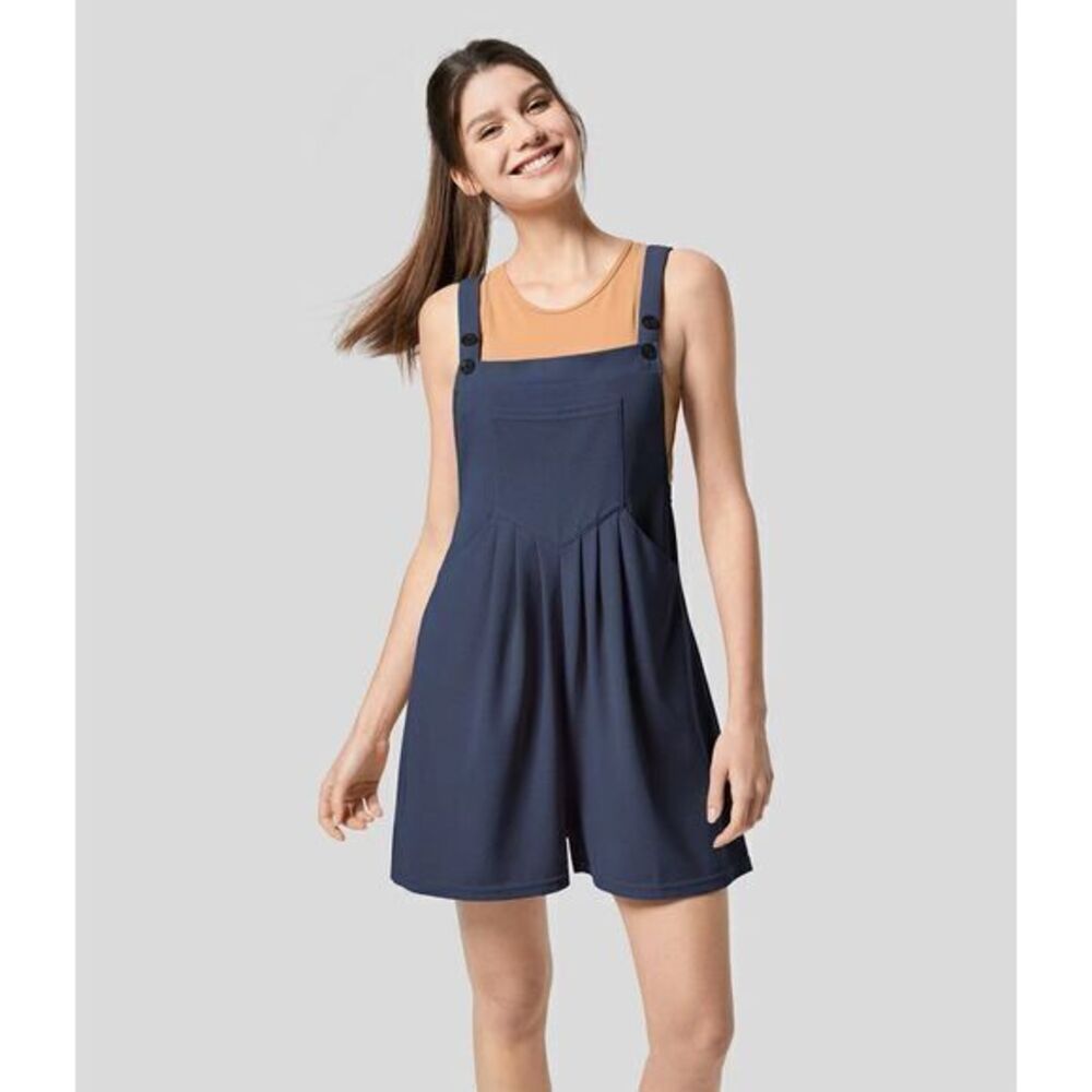 Halara Stylish Navy Blue Plicated Waffle Adjustable Romper Casual‎ Overall XL